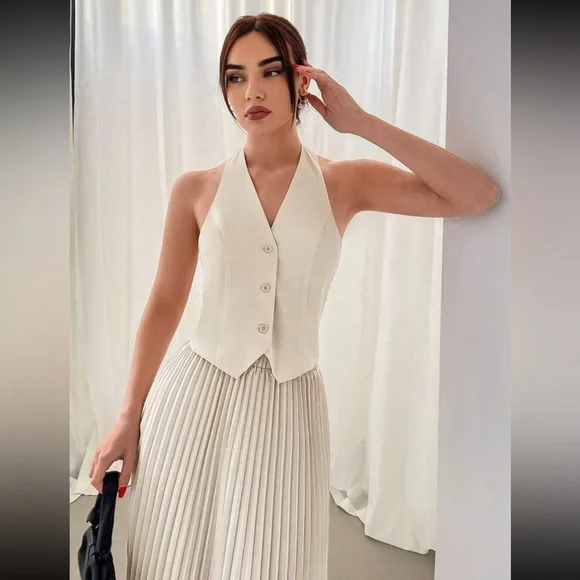 Matching 2 piece co-ord set - Ivory/cream Halter top vest & pleated midi skirt - Picture 5 of 6